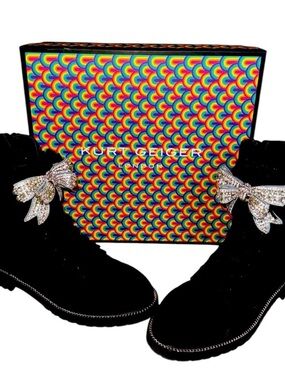 Kurt Geiger Black Velvet Ankle Boots with Crystal Bow